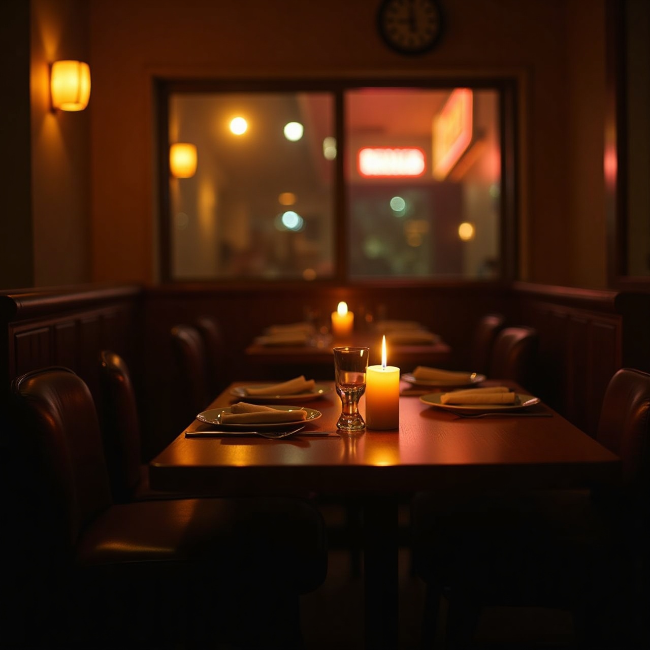 warm candle-lit dining room at night