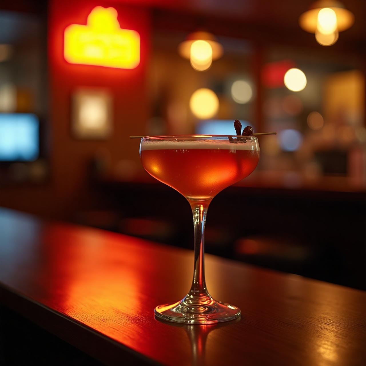an amber cocktail on a dark bar