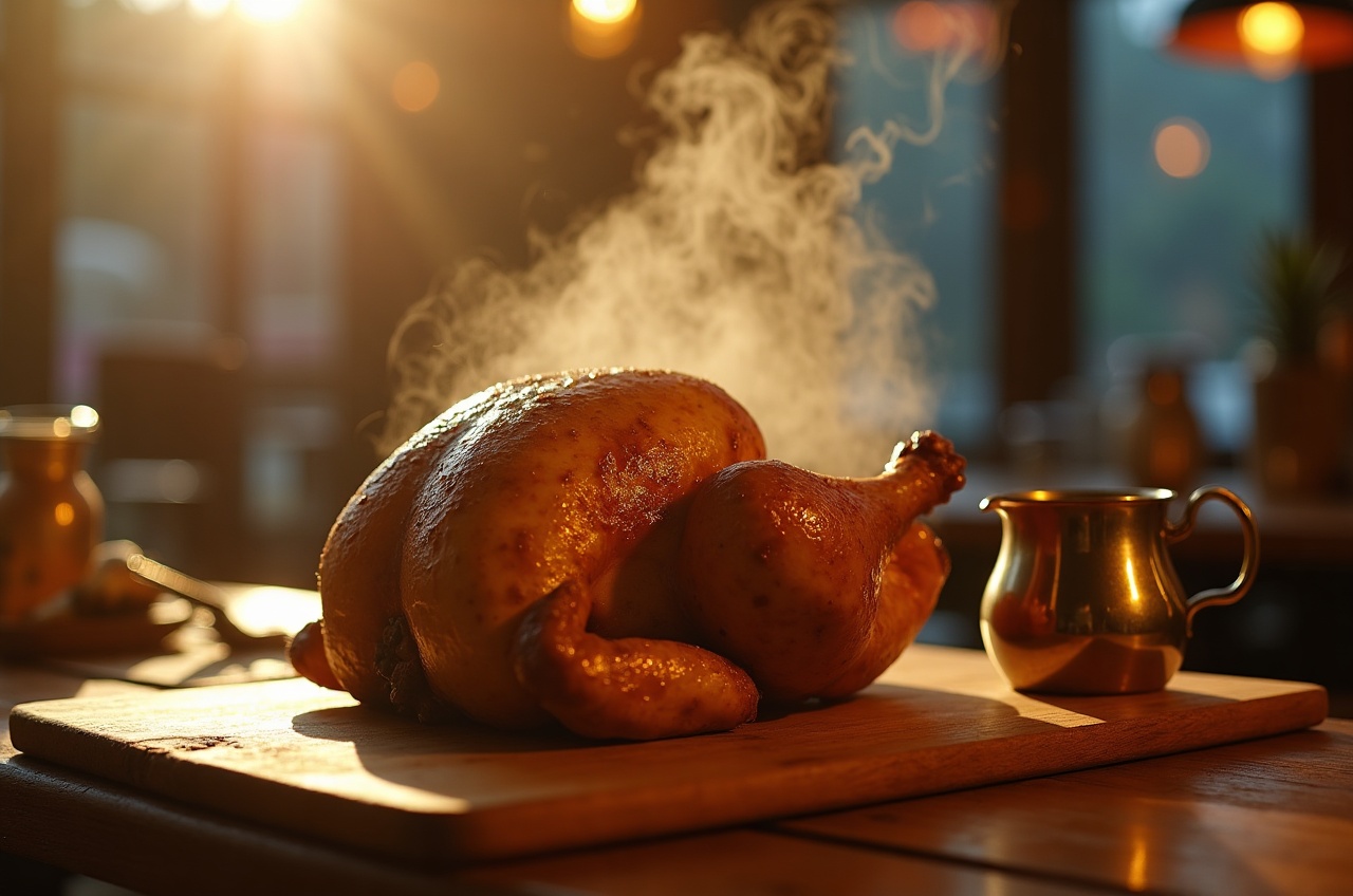 Whole roasted chicken resting on a wooden board, steam rising, tongs and a small jug of pan juices beside it