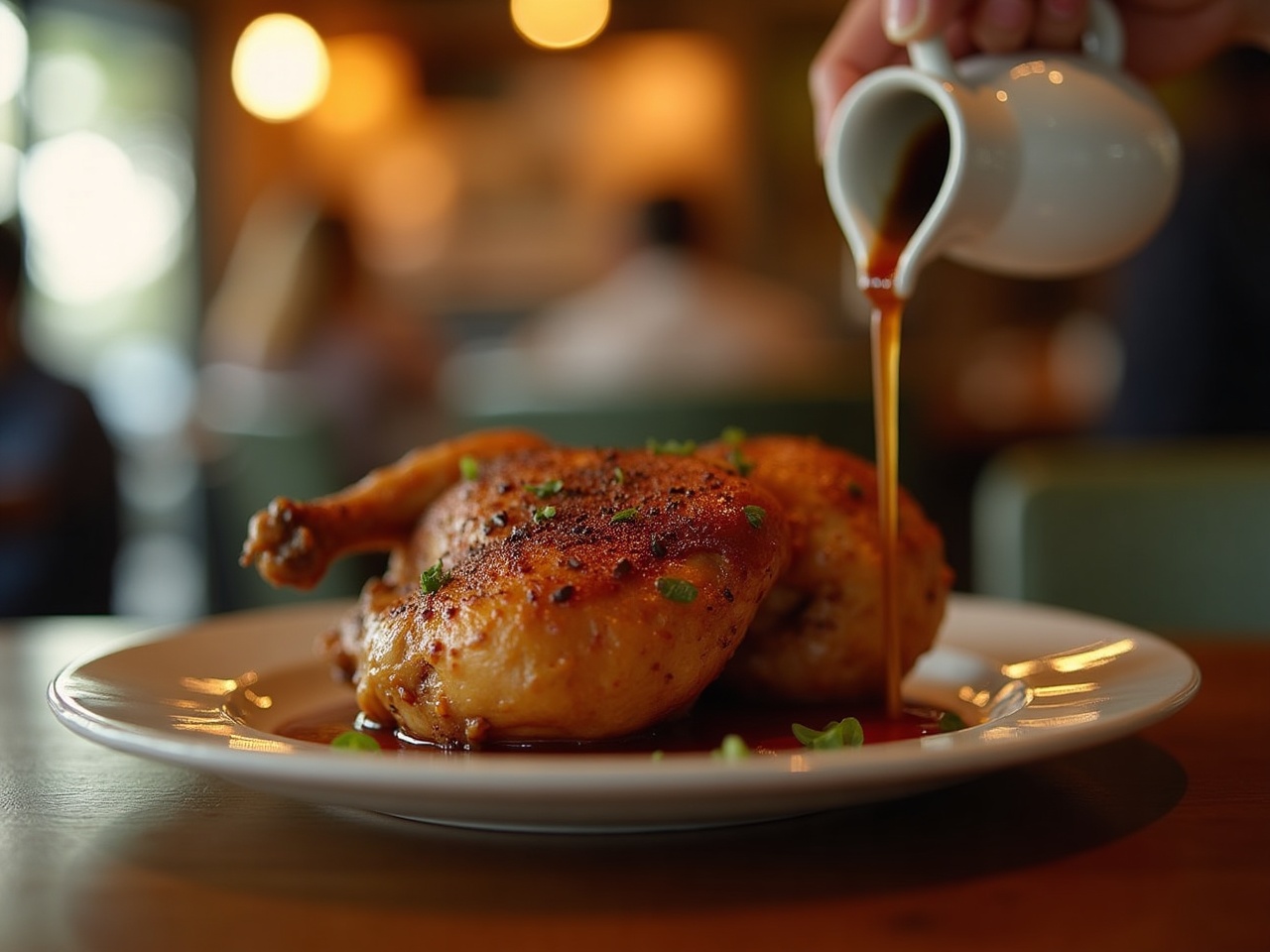 Half roasted chicken on a plate with a small jug of dark gravy poured beside it