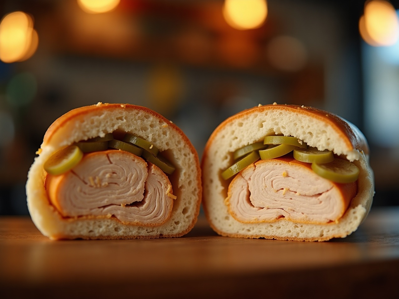 Chicken roll cut in half showing layers of sliced chicken and pickled onion