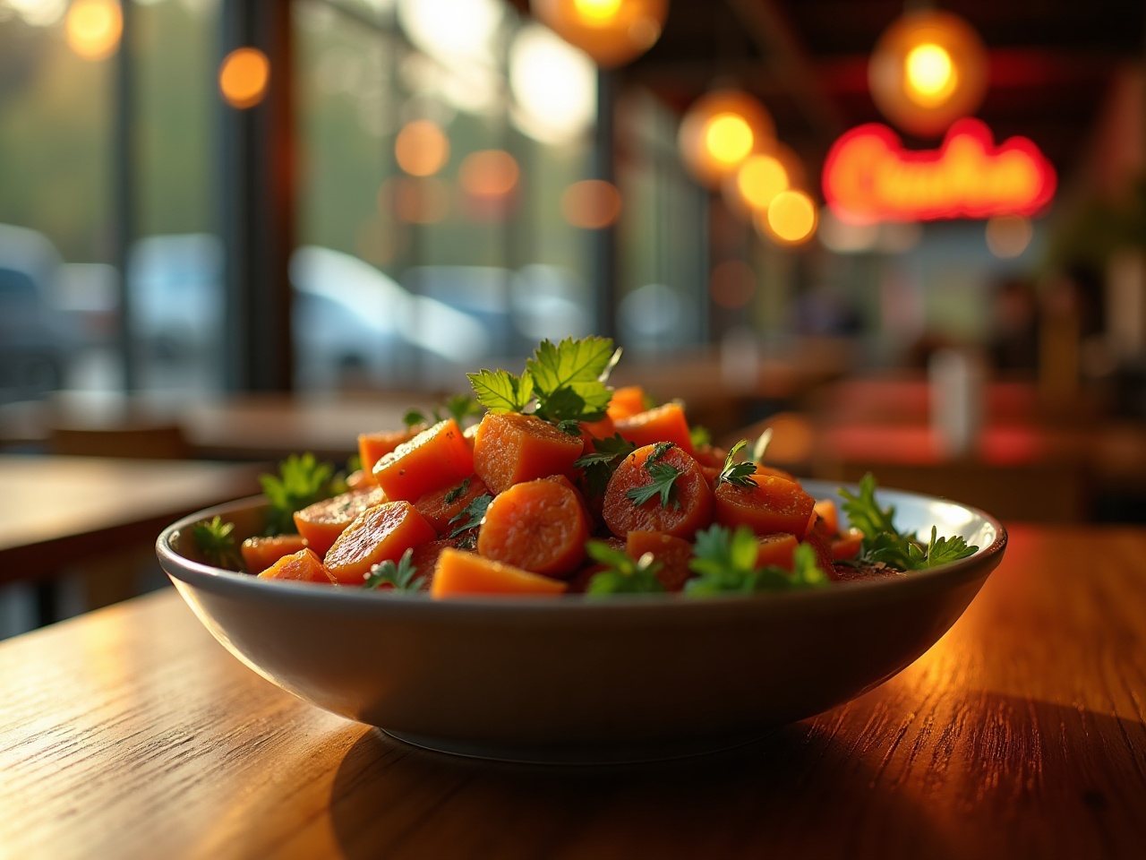 Charred seasonal vegetables in a shallow bowl on a wooden table