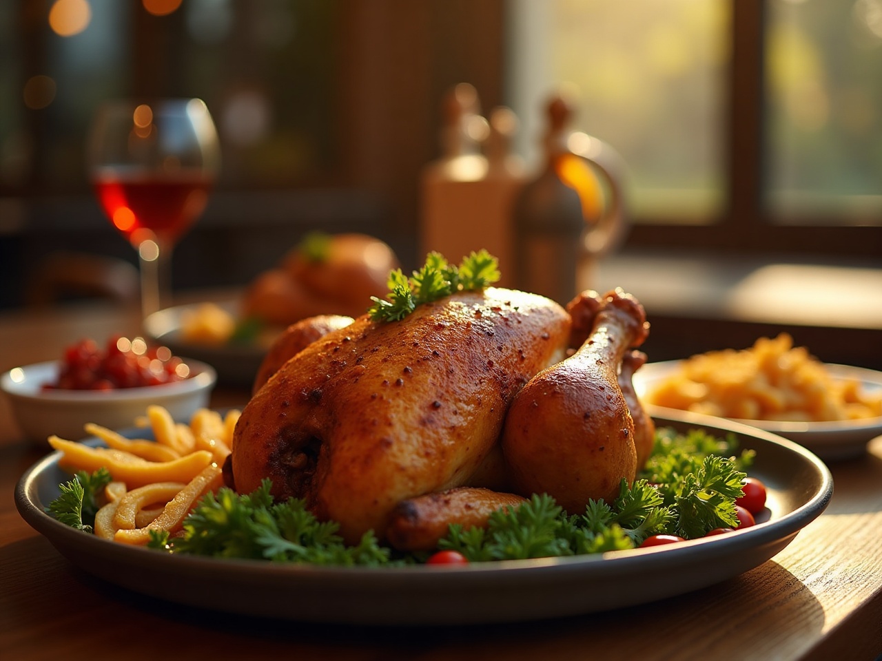 Whole roast chicken on a large plate surrounded by two side dishes, set for a group
