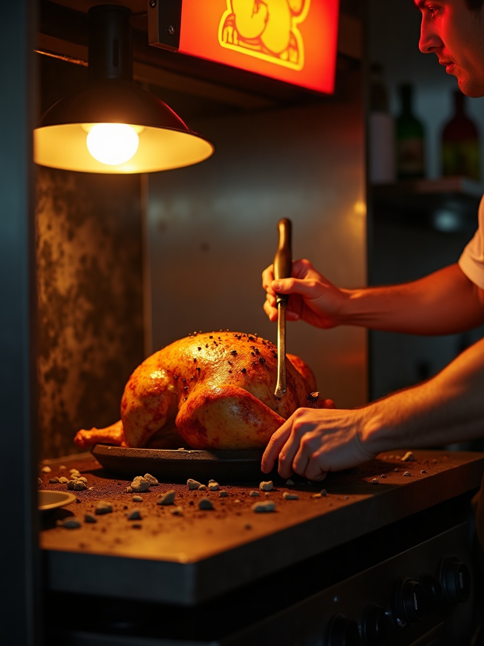 Chef basting a whole chicken inside an open oven with visible flame and coals