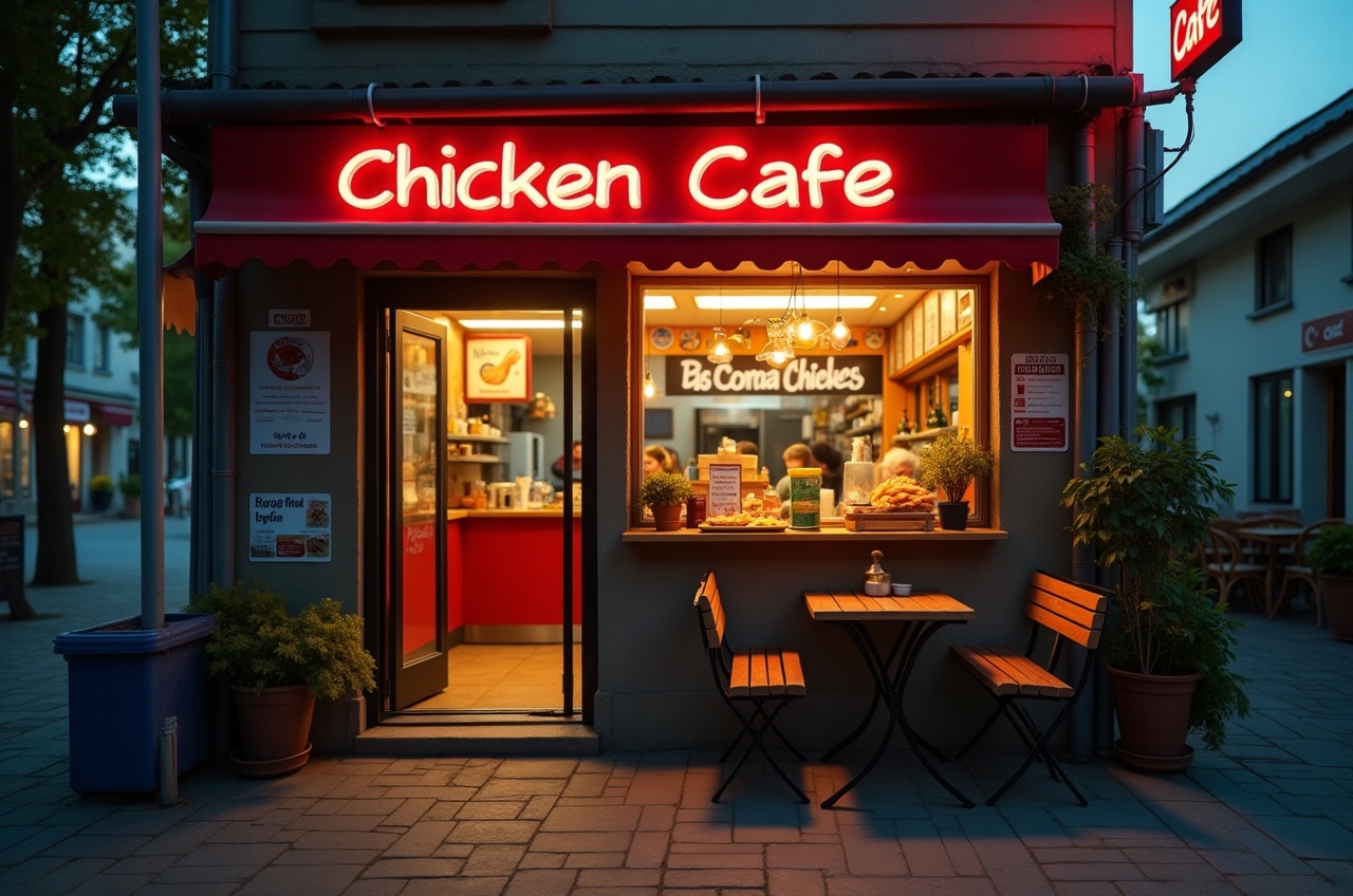Small cafe storefront with an open door, folding sign, and a few outdoor tables on the footpath